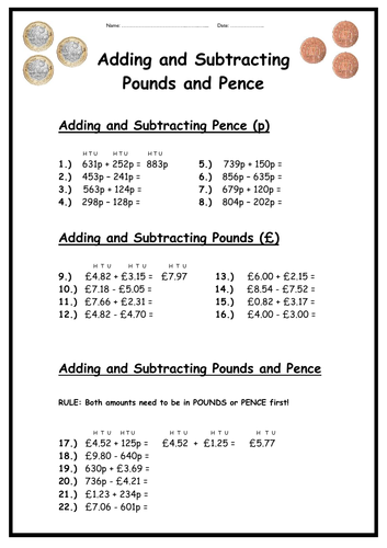 money adding subtracting pounds pence teaching resources