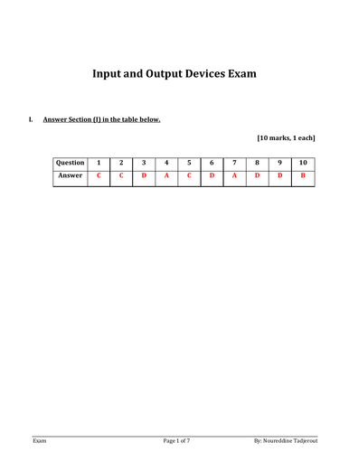 Input and Output Devices Exam with  answer for Y 7 and 8