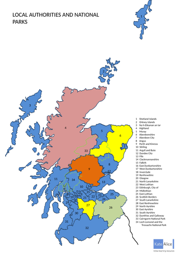 Editable map of Scotland Local Authorities and National Parks