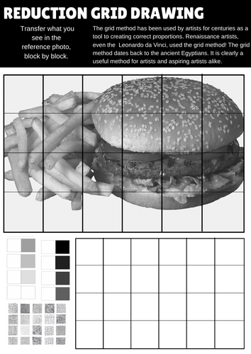 10 High quality art and design worksheets for reducing an image using the grid method.