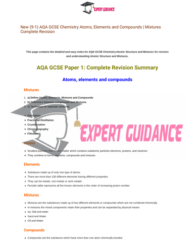 New (9-1) AQA GCSE Chemistry Atoms Elements and Compounds  Complete Revision Summary