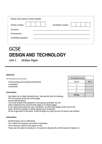 GCSE Design and Technology mock exam AQA style.