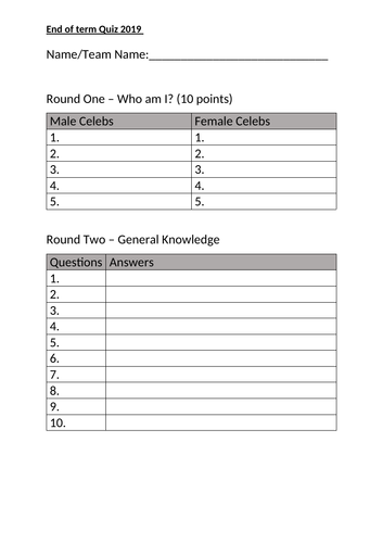 Quiz for End of Term