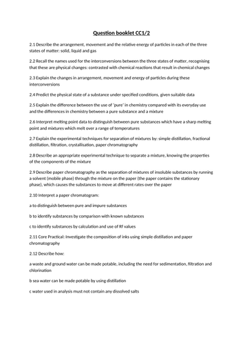 CC1/CC2 states of matter exam questions / work book