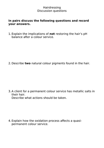 Hairdressing theory discussion questions Teaching Resources