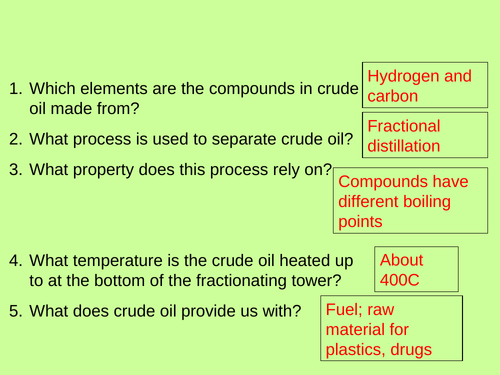 Three sets of starter questions on fuels