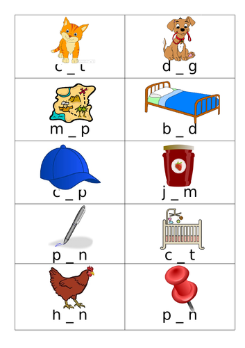 What Vowel? Flashcards with picture and blank (choose and insert vowel