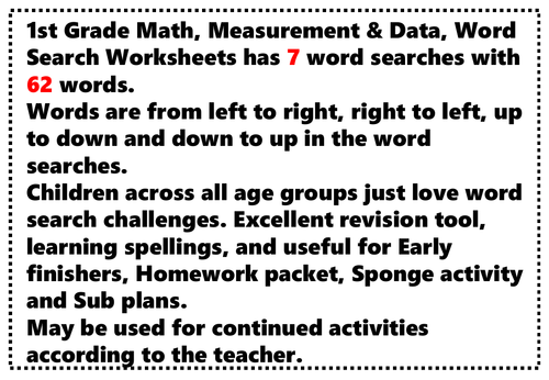 1st Grade Math, Measurement & Data, Word Search Worksheets