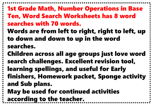 1st Grade Math, Number Operations in Base Ten, Word Search Worksheets