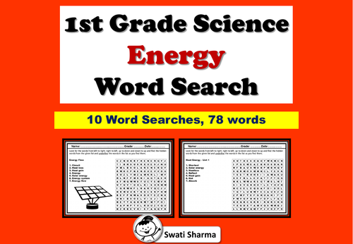 First Grade Science, Energy, Word Search Worksheets