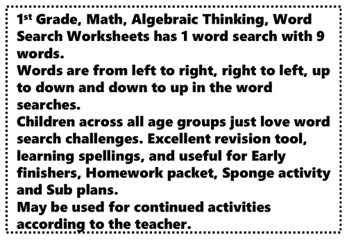 1st Grade, Math, Algebraic Thinking, Word Search Worksheets