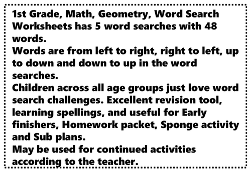 1st Grade, Math, Geometry, Word Search Worksheets, 48 Words