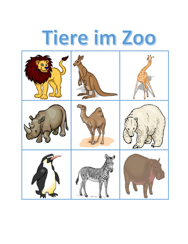 Tiere im Zoo (Zoo Animals in German) Bingo