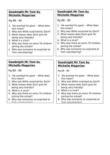 Goodnight  Mr Tom by Michelle Magorian comprehension questions pg 89 - 165