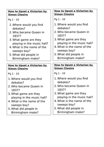 How to Upset a Victorian by Simon Chesire comprehension questions pg 1 - 20