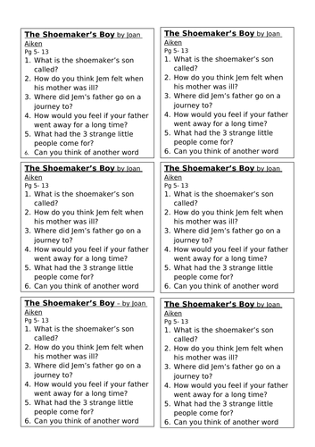 The Shoemaker's Boy by Joan Aiken comprehension questions