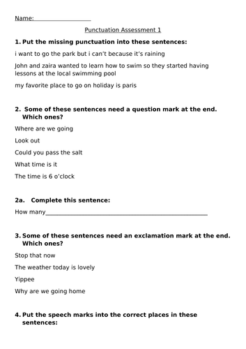 Punctuation Assessments x 2 (12 Questions each) for UKS1/KS2