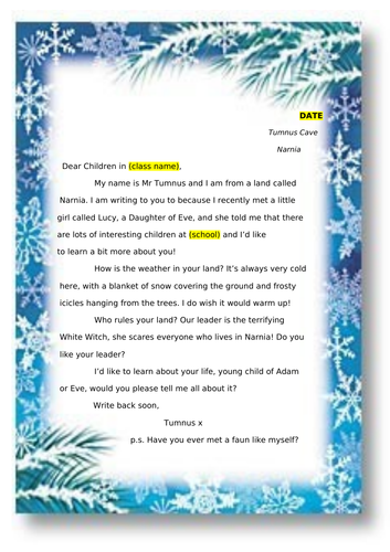 Letter from Mr Tumnus to class