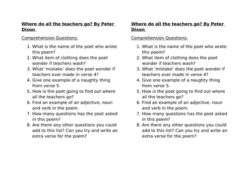 Where Do All The Teachers Go [poem] by Peter Dixon comprehension questions