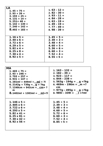 Four operations differentiated worksheet  + answers
