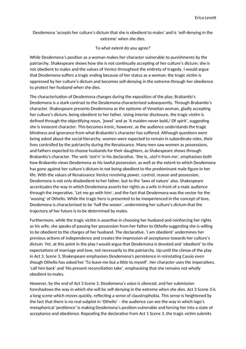 Full marks, A* AQA A-level essay response analysing Desdemona