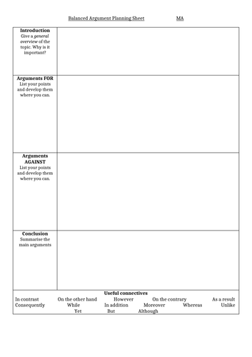 Balanced Argument Planning Sheet Differentiated