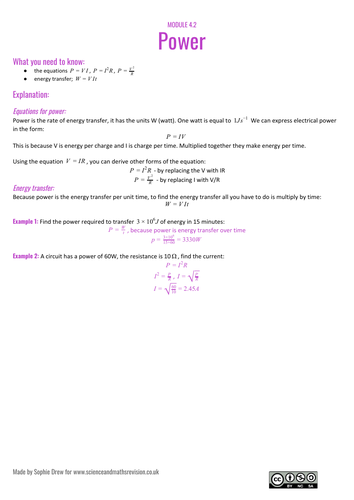 Electrical power A Level physics sheet
