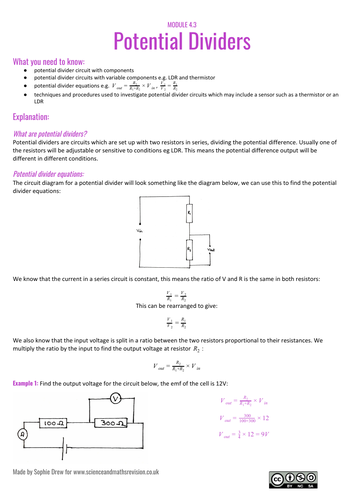 Potential dividers A Level physics sheet