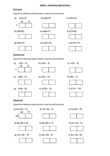 ALGEBRA - EXPANDING single brackets -  DIFFERENTIATED - with ANSWERS