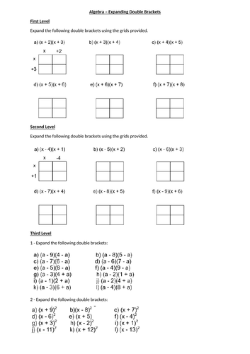 Algebra - EXPANDING double brackets - LESSON AND WORKSHEET - Differentiated with ANSWERS