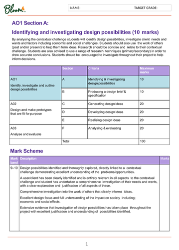 AQA NEA 9- 1 Design and Technology Mark Scheme Student Self Assessment Tracker