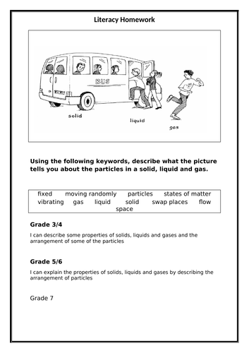 Solids, liquids and gases literacy homework for KS3 and/or low ability KS4.
