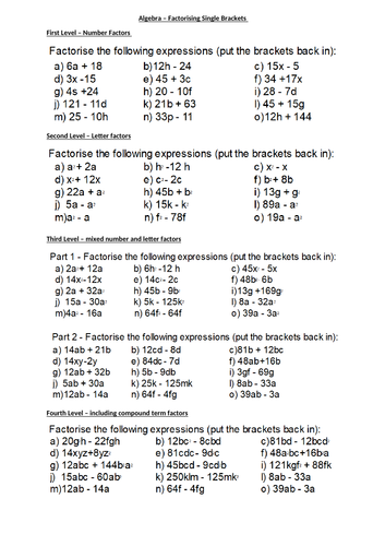 ALGEBRA - Factorising (factorizing) single bracket - DIFFERENTIATED LESSON with WORKSHEET & ANSWERS