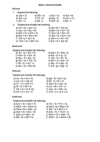 Algebra Expand And Simplify Full Lesson Worksheet Differentiated With Answers Teaching Resources