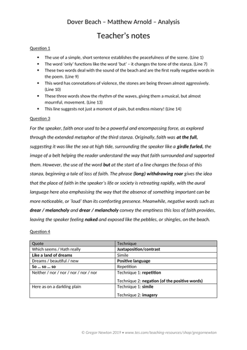 Dover Beach - Matthew Arnold - Comprehension and analysis worksheets