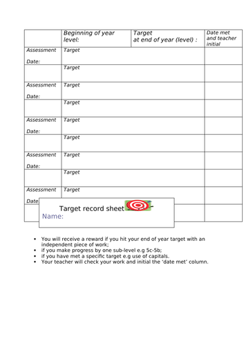 Target sheets and tracking documents for Key Stage 3