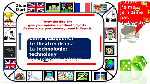 dice game: giving your opinion about school subjects in French with vocabulary mat