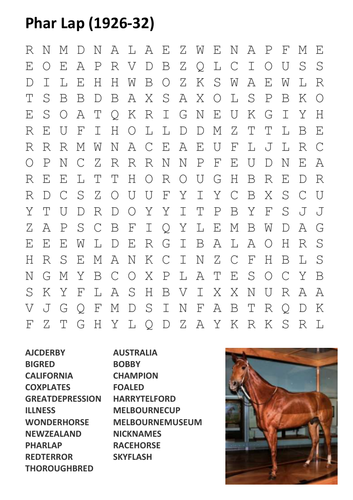 Phar Lap Word Search