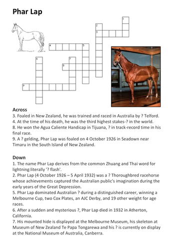 Phar Lap Crossword Teaching Resources