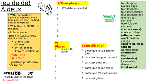 dice game in pairs: build sentences together (going places in town and giving reasons in French)