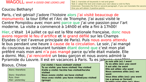 Reading and writing about a past visit to Paris.  Year 8 studio 2 rouge FREEBIE