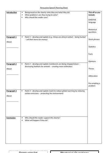 Persuasive Writing/Speech Planning Sheet for KS2