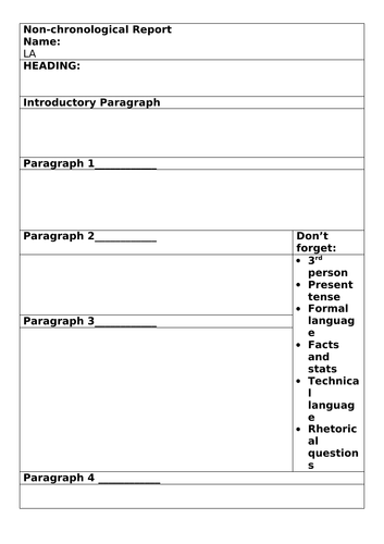 Non Chronological Report Planning Sheet Ks2 Differentiated Teaching Resources 