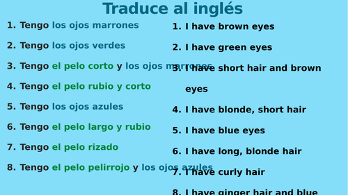 Sequence of interactive speaking activities on descriptions of hair and eyes Spanish