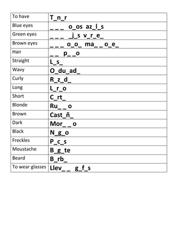 Fill in the missing letters Spanish describing eyes and hair