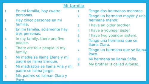 Mi familia oral drill activities Spanish beginners