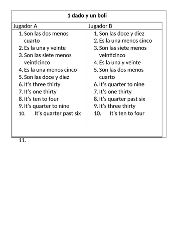 Telling the time 1 pen 1 dice game Spanish / La hora game