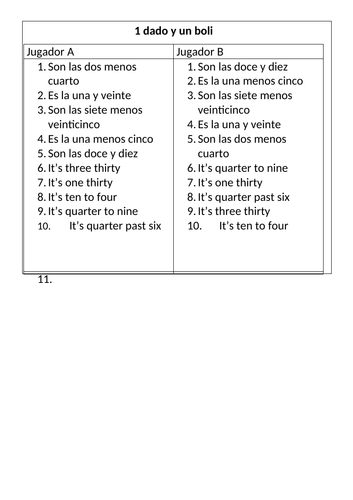 Telling The Time 1 Pen 1 Dice Game Spanish La Hora Game Teaching Resources