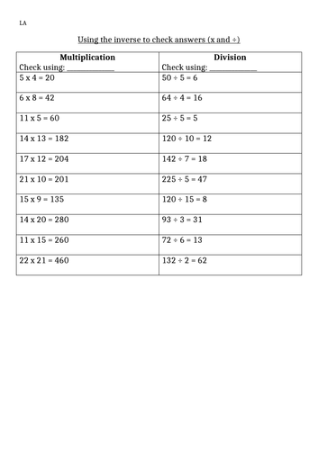 Using the Inverse to Check Multiplication and Division (Differentiated) + answers
