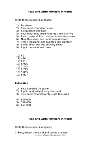 Year 5 Numbers in Words Worksheets (differentiated), Lesson Plan, Presentation and Plenary